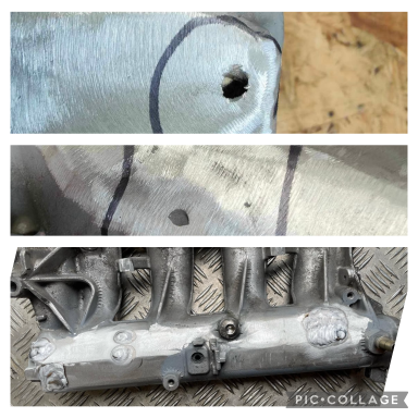 Close-up of a metal engine part showing holes and markings for repairs.