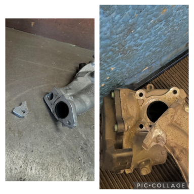 Two engine components on a textured surface, showcasing their openings and fittings.