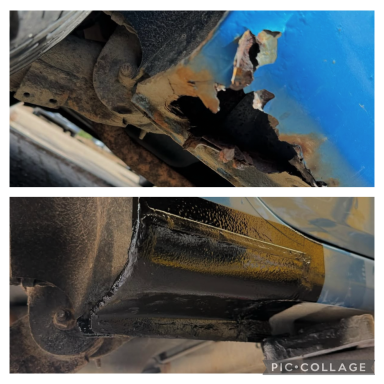 M.O.T Failure welding repair Close-up of rusted areas on a car's undercarriage and exhaust pipe.